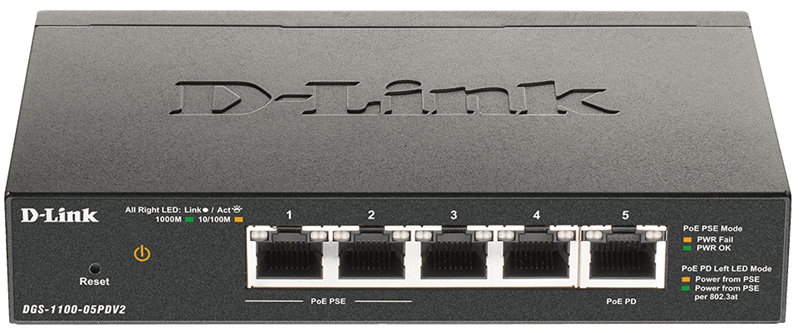 D-Link EasySmart L2 Switch 4х1000Base-T (2x1000Base-T PoE), 1x1000Base-T PD PoE, PoE Budget 18W, PD PoE power only